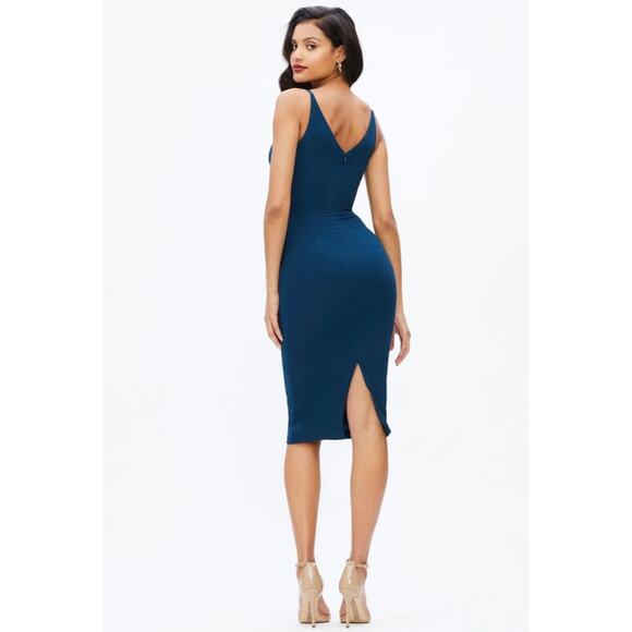 Dress The Population Anita Midi Dress V-Neck Ruched Crepe Sheath, Peacock Blue - Picture 14 of 16